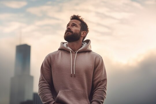 Portrait of a content man in his 30s dressed in a comfy fleece pullover over stunning skyscraper skyline