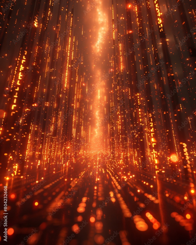 Poster vibrant orange tech landscape: 3d visualization of orange data lake and data pipeline