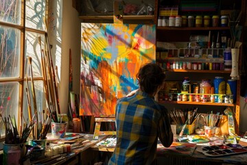 A woman is painting a picture in a room filled with art supplies