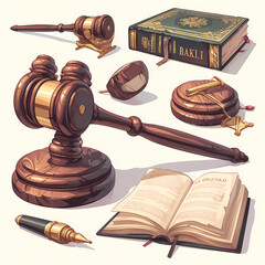 Comprehensive View of Judicial Tools - Gavel, Books, and Pen for Legal Precision
