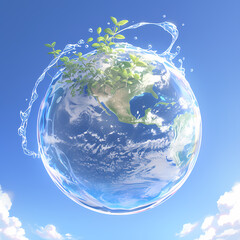 A Stunning Illustration of Earth as a Green Oasis with Water Flowing from the Globe