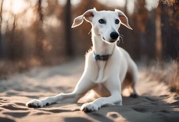 AI generated illustration of a Greyhound dog lounging on sandy beach under the sun