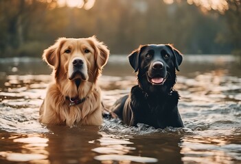 AI generated illustration of two dogs sitting in a pond with sunlight shining on them