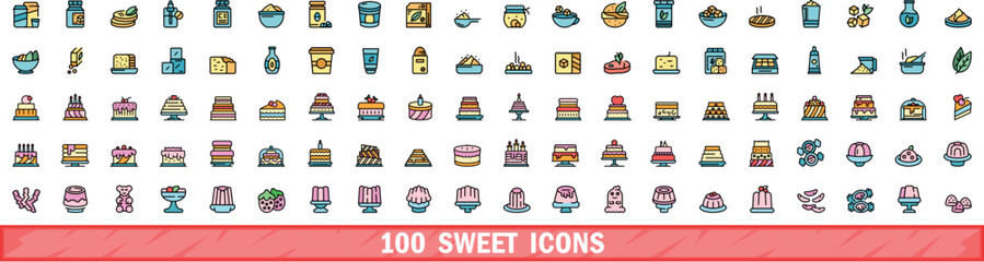 100 sweet icons set. Color line set of sweet vector icons thin line color flat on white