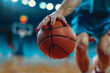 Basketball player exhibiting skillful dribbling in close up shot, olympic sport concept