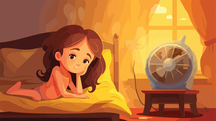Cute little girl warming near electric fan heater in