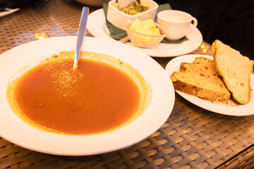 South Iceland-2nd march, 2023: fresh local tomato soup served in Fridheimar-visitors friendly tomato farm greenhouse.Famous travel destination on golden circle route