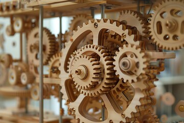 Intricate wooden gears within a meticulously crafted machine, all perfectly aligned and operating seamlessly