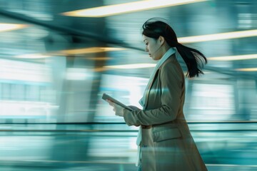 A businesswoman in a trench coat walking and engrossed in a digital tablet