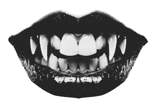 Halloween vampire dracula mouth with sharp teeth. Trendy grunge collage element