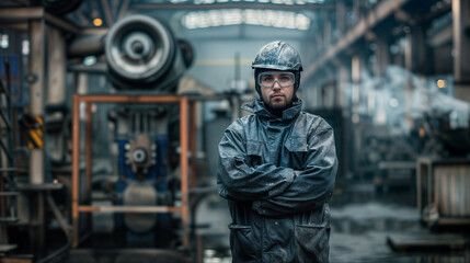 Close-up portrait of a male mechanic. A man with brutal, expressive facial features. Hard work in a metallurgical plant