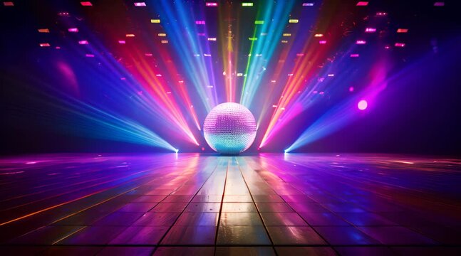 glowing sparkling disco ball, colorful laser beams, stage and dance floor for roller skating, presentation for music
