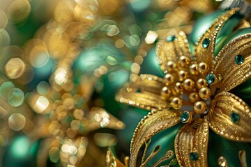 Shimmering gold and green Christmas ornament in close-up shot against a festive backdrop