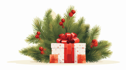 Christmas tree branches with gift box and decoratio