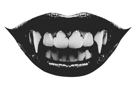Halloween vampire dracula mouth with sharp teeth. Trendy grunge collage element