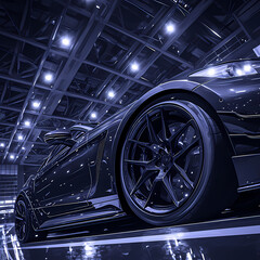 A Close-Up Perspective Captures the Elegance of a Sleek Sports Car with Shiny Alloy Wheels in an Industrial Setting.