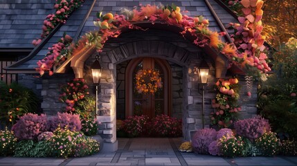 A luxury home entrance with a seasonal flower display and a slate roof