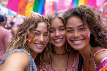 Fototapeta premium Friends at Pride march, capturing a happy group selfie with a blurred, colorful background of flags and people. AI generated.