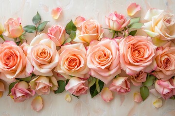 A group of fresh pink roses with green leaves elegantly arranged on a table - Powered by Adobe