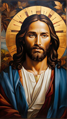 Obraz premium image depicts a figure, likely representing Jesus Christ, The figure is adorned in a white robe with blue drapery and is set against a golden halo background.