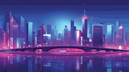 City bridge over water bay at night vector illustra