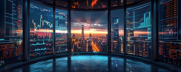 Futuristic Financial Trading Station with Panoramic City Skyline and Multi Screen Analysis Displays