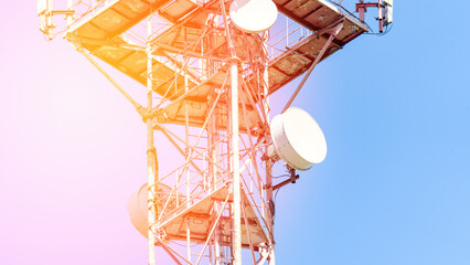 Communication tower close-up. 5G Telecommunications Base Station Tower. Mobile communication tower...