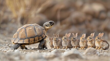 Slow and Steady Turtle Leads Pack of Quick Rabbits in Serene Natural Setting