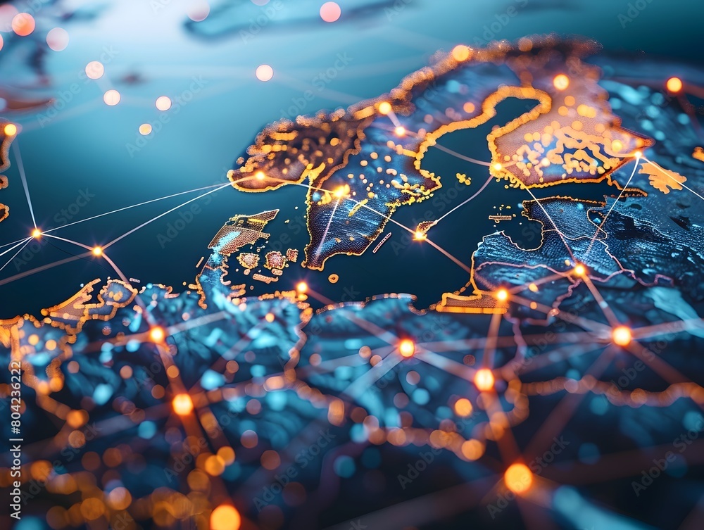 Poster futuristic digital connectivity map of scandinavia showcasing global cyber network and advanced tech