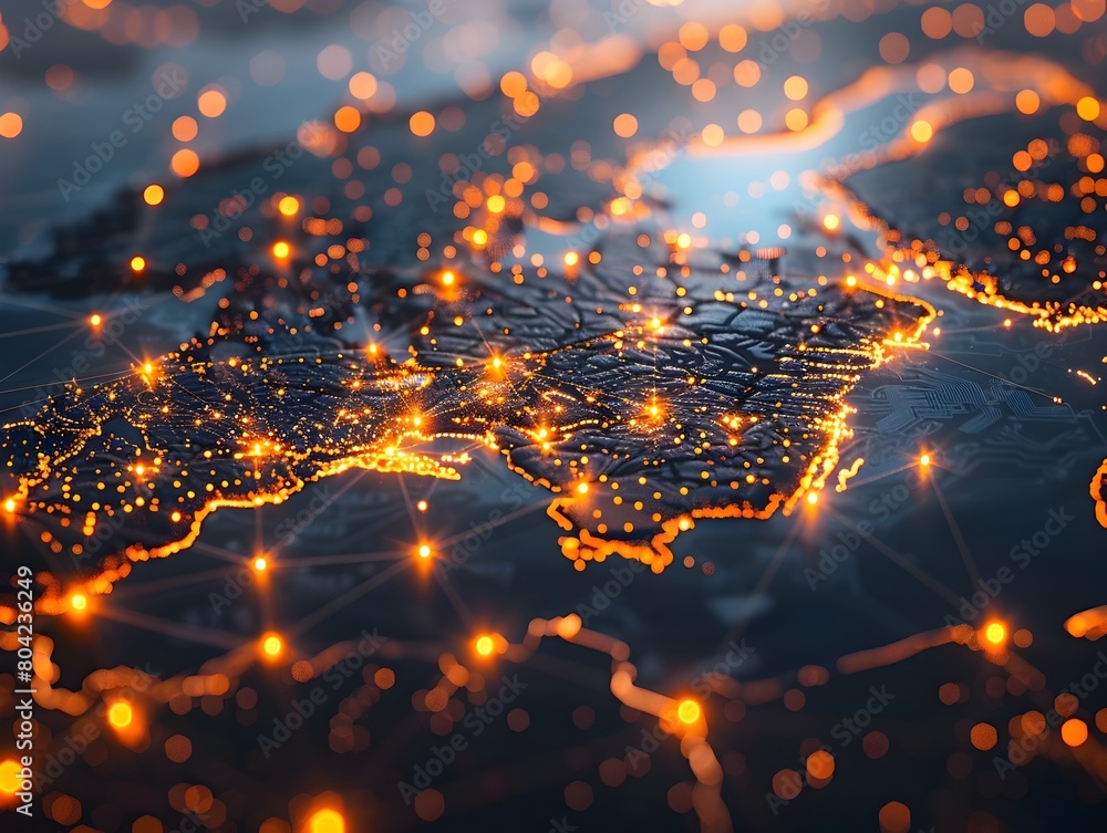Poster glowing digital network map of scandinavia representing cyber connections and data interactions