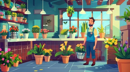Florist and buyer at flower shop. Modern cartoon image of man buying bouquet in a shop, large room full of colorful bunches and vases, green plants in pots, gardening business.