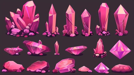 Diamond raw material rocks clustered in pink shining crystal clusters for game level rank UI design. Cartoon rpg asset of treasure and jewel mining. - obrazy, fototapety, plakaty
