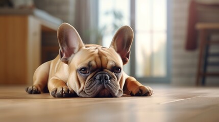 Tired and sleepy french bulldog lying against the floor.