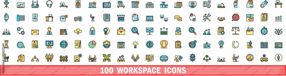 Aufkleber 100 workspace icons set. color line set of workspace vector icons thin line color flat on white