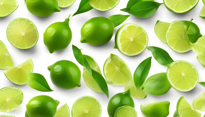 Lime with green leaf. Lime full macro shoot citrus healthy food ingredient on white isolated.