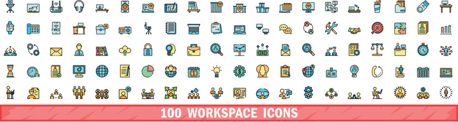 100 workspace icons set. Color line set of workspace vector icons thin line color flat on white