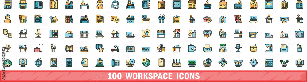 Poster 100 workspace icons set. color line set of workspace vector icons thin line color flat on white