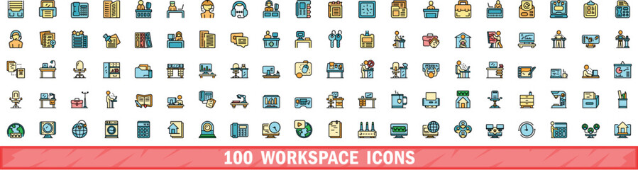 100 workspace icons set. Color line set of workspace vector icons thin line color flat on white