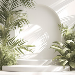 A serene indoor garden scene with lush greenery and a minimalist white display podium. This image evokes tranquility and freshness.