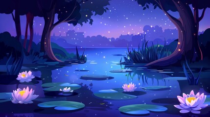 This is a fantasy landscape of dark cartoon woodland with lotus flowers and leaf pads on a pond in the middle of a night forest magic landscape with water lilies on the lakes surface, bush and tree