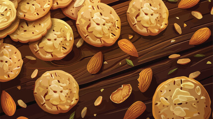Board cracker and unpeeled almond nuts on wooden background