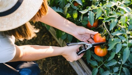 From above of crop anonymous gardener with gardening scissors picking ripe red tomatoes from green bush