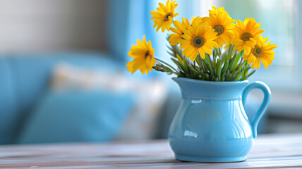 Bright Yellow Daisies in Blue Pitcher. Bright yellow daisies arranged in a classic blue pitcher on a wooden table, with a cozy home background. AI generative.