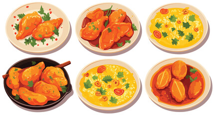 Collage of tasty chicken curry on white background