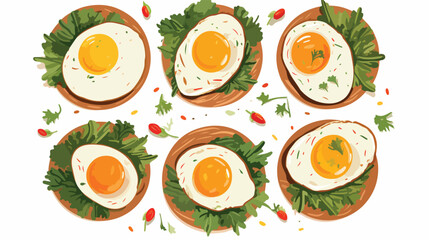 Collage of tasty fried eggs with fresh vegetables o