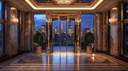 A luxury penthouse entrance with a private elevator and a skyline view