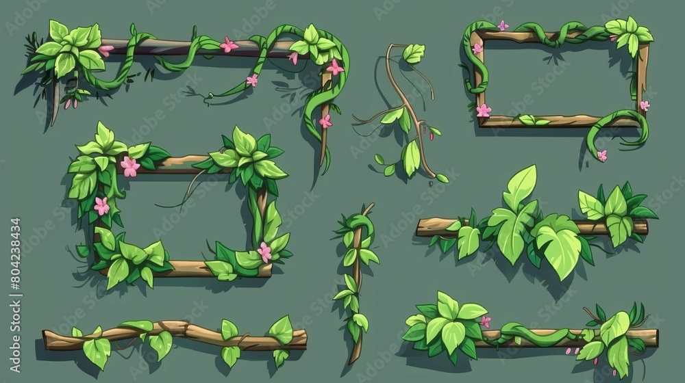 Poster cartoon modern set that includes rainforest plant branches with tropical greenery and leafy jungle l
