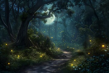 Moonlit forest path, fireflies illuminating the winding route. - Powered by Adobe