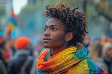 Individual wrapped in a pride flag at a parade, deeply reflecting while the crowd moves around them, background blurred. AI generated.