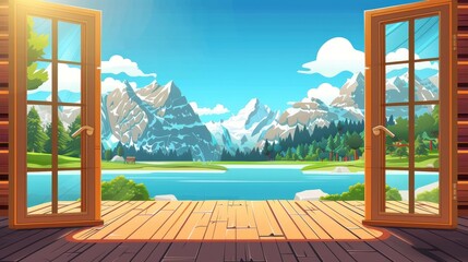 View of the lake from the wooden terrace of a chalet house. Beautiful spring nature scene with rocky peaks, green trees, and clouds under a blue sunny sky.